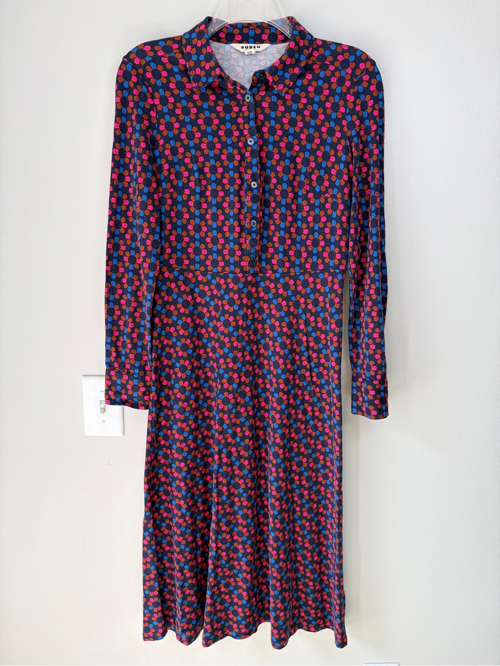 Boden Navy Floral Patterned Long Sleeve Collared Button Front Midi Dress